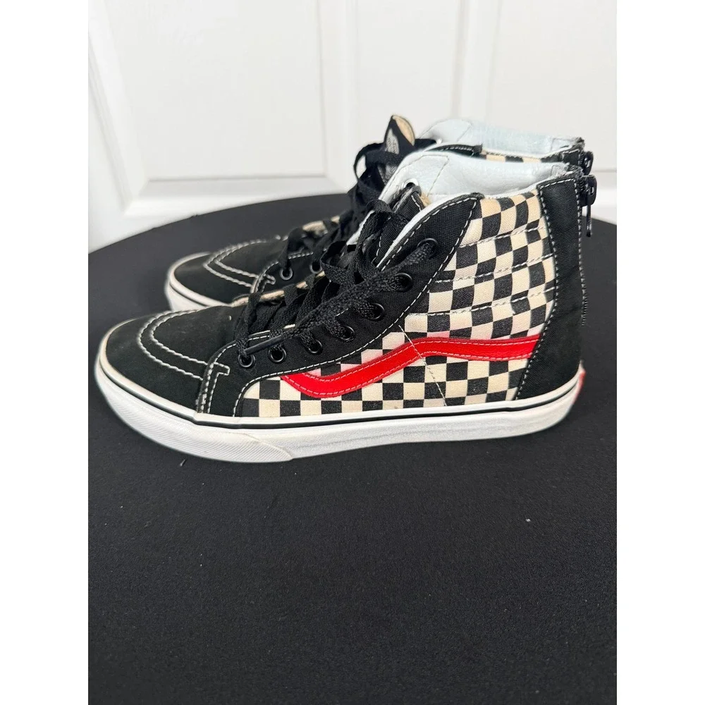 Vans Sk8-Hi Zip Kids 7.0 Checkerboard Black Red High Top Skate Shoes 721356